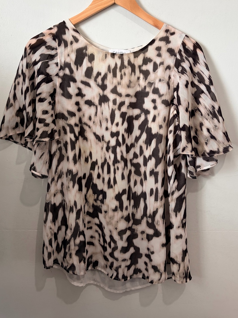 Calvin Klein Cream Black Animal Spot Flutter Sleeve Blouse Workwear Large